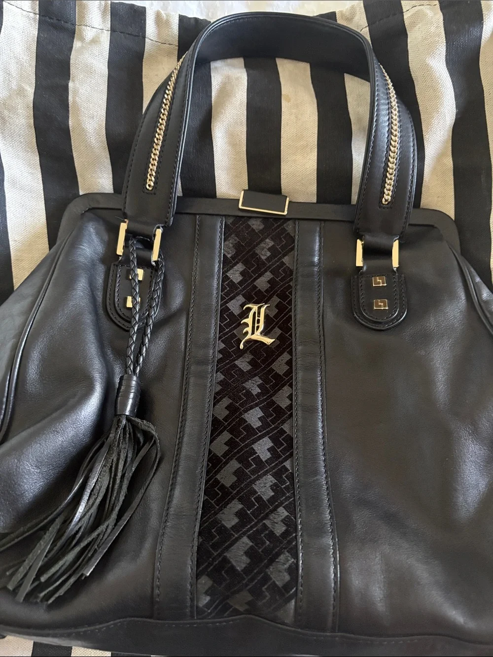 LAMB Black Leather Tote Bag with Tassel Accent - Picture 2 of 7